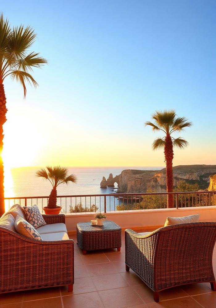 Terras met zeezicht in de Algarve bij zonsondergang